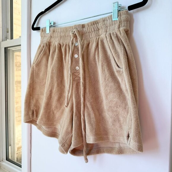 DONNI Terry Shorts Henley Boxer Drawstring Pull On Long Sweat Latte Brown Small - Picture 1 of 6
